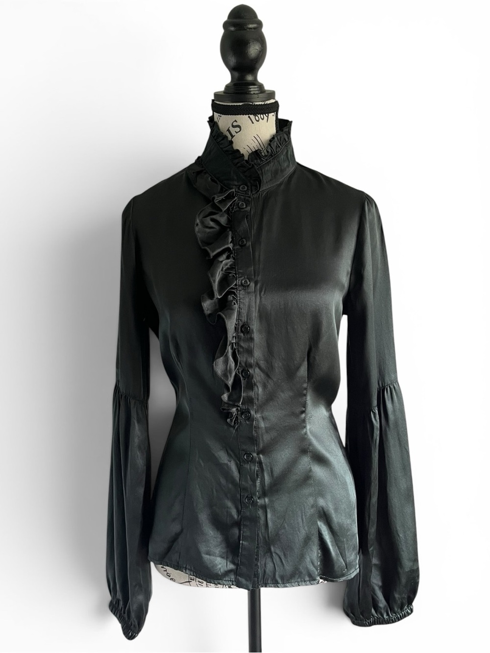 Bandolera Silk Ruffle Blouse Victorian Goth Dark Academia Teal High Neck EU 36